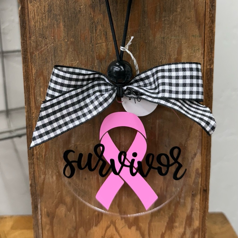 Pink Ribbon Survivor Ornament or Rear View Mirror Charm with Black and White Bow